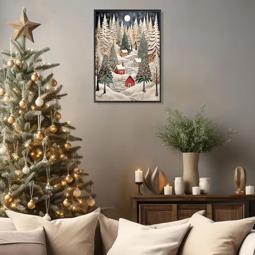 Vista 4 de uoyien Arte de pared vintage de Navidad, impresiones de pintura en lienzo, regalos de Navidad para niños, arte de pared estético de casa de campo