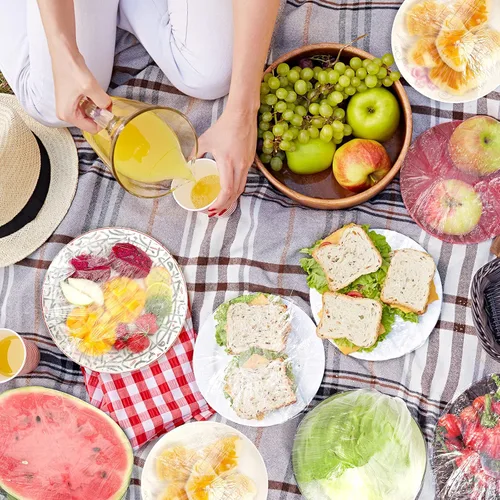 Vista 6 de 150 fundas desechables para almacenamiento de alimentos, tapas de plástico transparente con bordes elásticos, tapas de ducha, embalaje elástico
