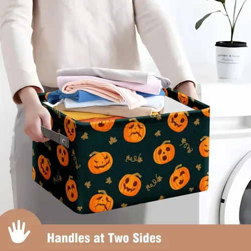 Vista 8 de Cesta de almacenamiento espeluznante de Halloween, bolsas de truco o trato, cubo de almacenamiento plegable grande, organizador plegable de 10 x 14