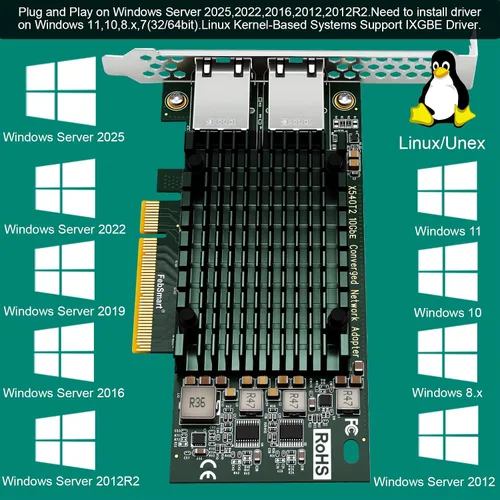Vista 10 de Interfaz PCIE X8 a 2 puertos RJ45 de 10 Gbps, controlador Ethernet Intel X540-AT2, 2 tarjetas NIC PCIE de interfaz RJ45 de 10GbE, adaptador de red