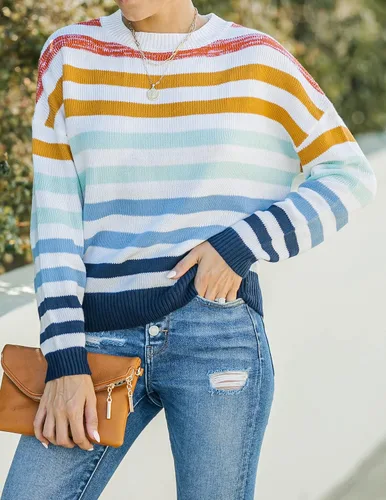 Vista 6 de ZESICA Women's 2023 Fall Long Sleeve Crew Neck Striped Color Block Casual Loose Knitted Pullover Sweater Tops