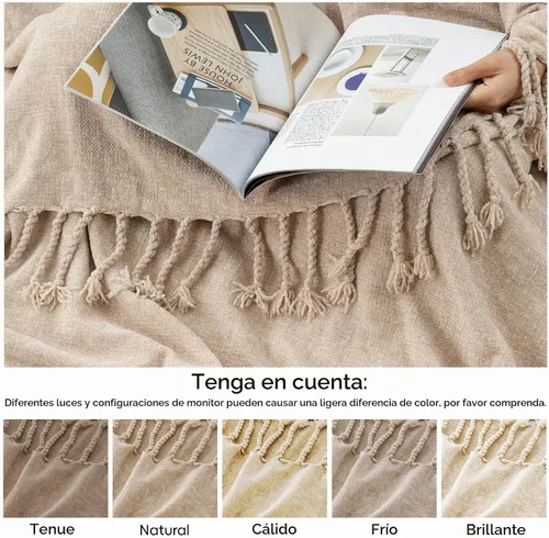 Vista 5 de BATTILO HOME Manta de Chenille Beige para Sofá, Manta Decorativa con Flecos Aterciopelados Color Caqui Tostado para Sofá Decoración del Hogar