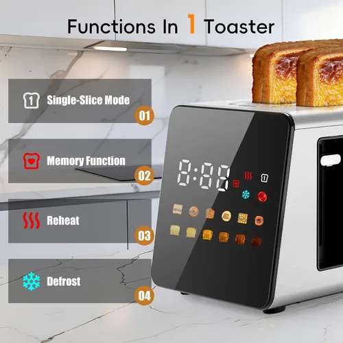 Vista 2 de WUNLY - Tostadora de 2 rebanadas con control táctil inteligente completo, función de memoria, tecnología de una sola ranura, 6 niveles de sombra y 6