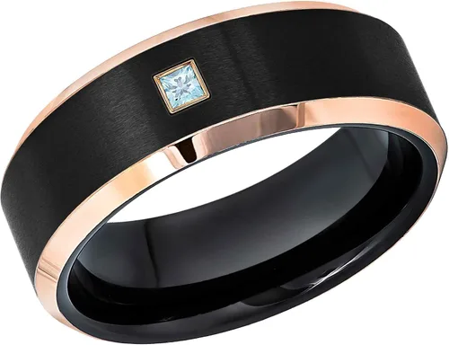 Vista 2 de 0.05ctw - 0.10ctw Anillo de cobalto con piedra natal de topacio azul de corte princesa - Anillo de boda mate de 2 tonos negro y oro rosa con borde