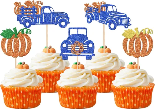 Vista 21 de 24 piezas de decoración de calabaza para cupcakes con purpurina temática de otoño, decoración de pasteles con temática de calabaza, cumpleaños