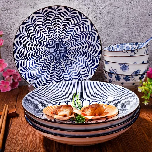 Vista 3 de Juego de 4 platos japoneses de cerámica blanca y azul de 8 pulgadas, platos grandes para aperitivos, pasta, postres y ensaladas, microondas, horno
