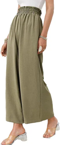 Vista 5 de Mtsebmves Pantalones palazzo de pierna ancha para mujer, elásticos, de cintura alta, holgados, palazzo, con bolsillos (verde, talla XL), Verde