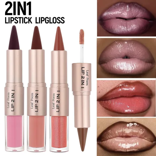 Vista 35 de BAISEN DIARY 2 en 1 doble punta mate delineador de labios y brillo de labios, lápiz combinado de labios marrón nude degradado, delineador de labios