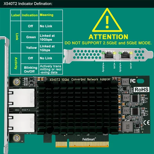 Vista 4 de Interfaz PCIE X8 a 2 puertos RJ45 de 10 Gbps, controlador Ethernet Intel X540-AT2, 2 tarjetas NIC PCIE de interfaz RJ45 de 10GbE, adaptador de red