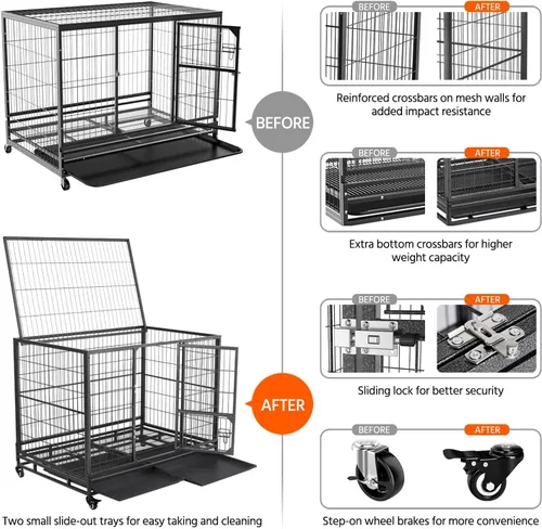 Vista 6 de Yaheetech Jaula de perro resistente a prueba de escapes de 43 pulgadas con puertas dobles, 2 bandejas extraíbles, ruedas bloqueables, perrera