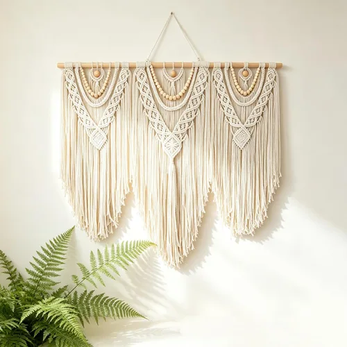 Vista 10 de Tapiz bohemio de macramé para colgar en la pared y decoración de pared, tapiz de algodón hecho a mano con borla, arte de pared tejido de macramé