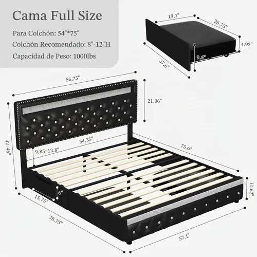 Vista 2 de SIBEDS Base de cama completa con LED y 2 cajones, marco de cama de plataforma de metal resistente de tamaño completo con cabecera ajustable
