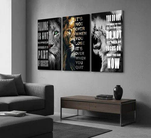 Vista 6 de 3 Piezas de Arte de Pared Inspirador para Oficina, Lienzo Moderno con Citas Motivacionales, Imágenes en Blanco y Negro de León, Decoración de Pared