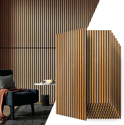 Vista 26 de Art3d 2 paneles acústicos de listones de madera para pared y techo, panel de absorción de sonido acanalado 3D con acabado de madera, negro mate