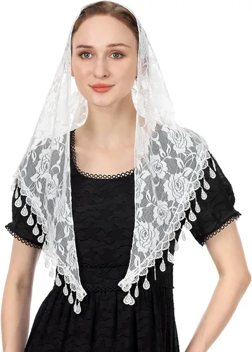 Vista 10 de Wgior Velo Triangular para Iglesia - Encaje de Capilla, Velo Católico para Misa, Bufanda Mantilla para Cubrir la Cabeza de Mujeres Beige