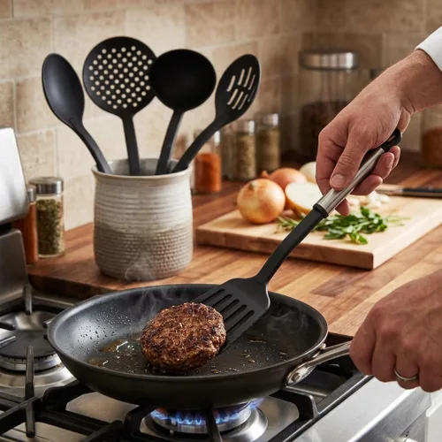 Vista 8 de Farberware Juego de herramientas de cocina de acero inoxidable - Negro, juego de 5 Negro/Plateado
