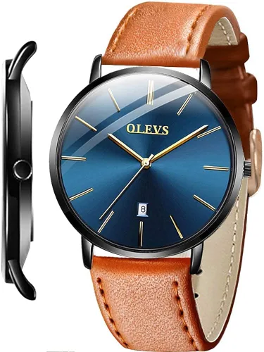 Vista 3 de OLEVS Reloj para hombre, de lujo, ligero, de cuero, impermeable, con movimiento japonés, para hombre, con fecha, calendario, minimalista, ultrafino