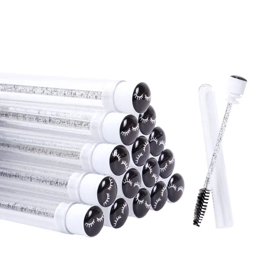 Vista 3 de 60 piezas de pinceles desechables de pestañas negras con patrón de pestañas de diamante, carretes de maquillaje, varita de rímel en tubo sanitario