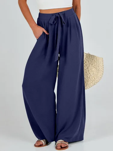 Vista 2 de Caracilia Pantalones palazzo de pierna ancha para mujer, de cintura alta, ajustables, con lazo, holgados, informales, con bolsillos