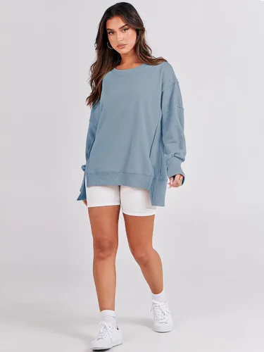 Vista 6 de ANRABESS Sudadera de gran tamaño para mujer, cuello redondo, manga larga, casual, con abertura, para otoño de 2024, ropa de preparación