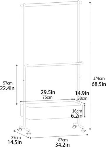 Vista 2 de Perchero de metal con ruedas, con estante de almacenamiento de madera, estantes de ropa rodantes para colgar ropa, perchero para dormitorio, Negro