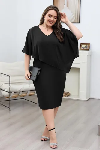 Vista 4 de KIMCURVY Vestido de capa de talla grande para mujer, vestido de tubo con superposición de gasa, vestido midi para boda, cóctel, fiesta
