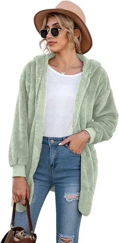 Vista 2 de LONGYUAN Chaqueta de forro polar para mujer, abrigos casuales con capucha mullida, suéteres con bolsillos
