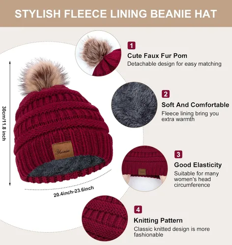 Vista 2 de YSense Conjunto de gorro de invierno para mujer, bufanda y guante, cálido forro polar con pompones, calentador de cuello y guantes para pantalla