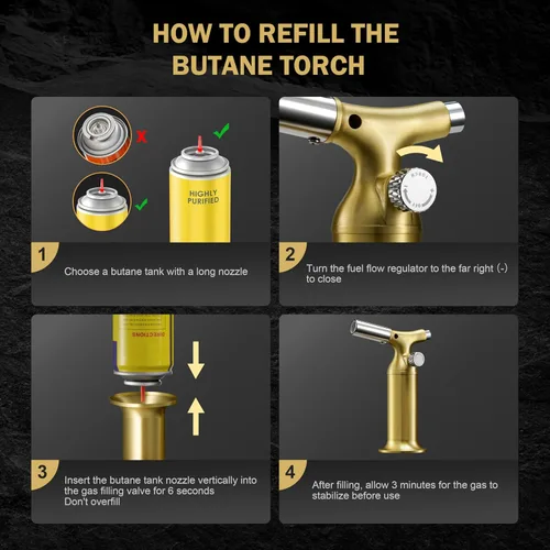 Vista 8 de RAVS Encendedor Antorcha de Butano con Diseño de Cobre Sólido, Encendedor Antorcha de Cocina con Llama Ajustable, Soplete Recargable para Crème