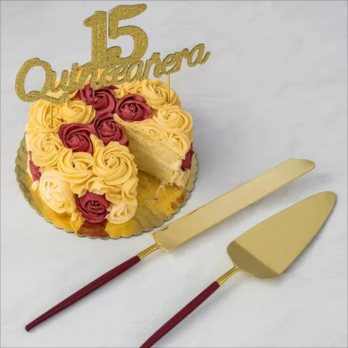 Vista 5 de Koyal Wholesale Juego de cuchillo y servidor para pastel de boda burdeos, cortador de pasteles y servidor con mango dorado para novia y novio, juego
