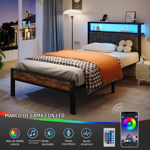 Vista 6 de Liians Base de cama tamaño individual con luces LED, cabecera tapizada gris Platform Bed with 2-Tier Storage Shelf, Charging Station, Noise Free