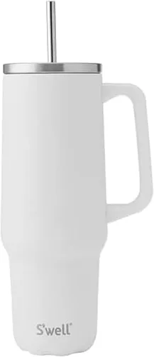 Vista 13 de S'well Vaso de acero inoxidable reciclado XL con popote y asa, 40 onzas, azurita, contenedor aislado al vacío de triple capa mantiene las bebidas