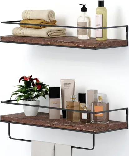 Vista 7 de Shario Estantes flotantes negros – Juego de 2, estantes colgantes montados en la pared con toallero negro, estantes de almacenamiento decorativos