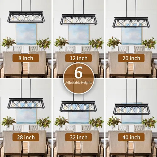 Vista 6 de Candelabros de granja para comedor, lámpara rústica para isla de cocina, lámpara colgante lineal de 5 luces, lámpara rectangular, luces de techo