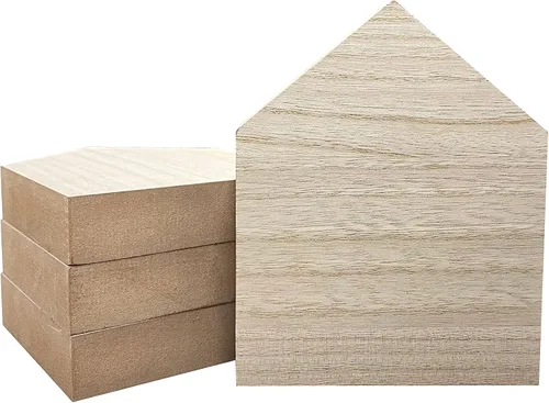 Vista 7 de Bloques en forma de casa de madera sin terminar de 6 pulgadas, 4 piezas para manualidades, casa de madera en blanco, letrero conmemorativo