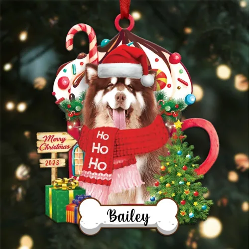 Vista 21 de Akita1 - Adorno personalizado para perro, adorno de perro con nombre personalizado, plano impreso en 2D, acrílico colgante, Papá Noel y perro