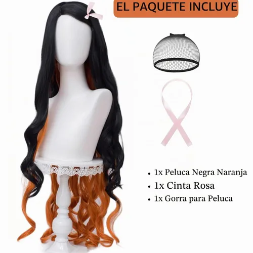 Vista 3 de SL Nezuko - Peluca de cosplay + cinta rosa para DS, peluca larga negra y naranja, pelucas de pelo de anime con gorra para fiesta de disfraces
