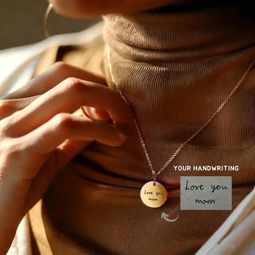 Vista 2 de Custom Handwriting Necklace Personalized Signature Circle Charm Necklace