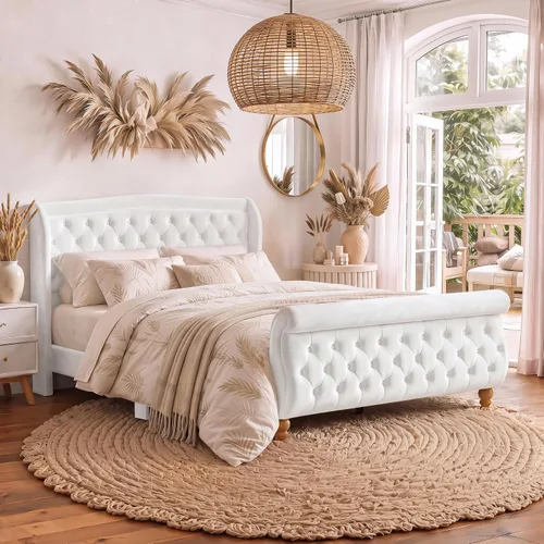 Vista 10 de SOFTSEA - Base de cama de tamaño queen de terciopelo con plataforma, base de cama tapizada con botones y cabecera de alas, 1 cajón grande y 2 Beige