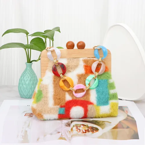 Vista 6 de Bolso de hombro de felpa de moda para mujer, bolso de noche con cierre de beso, suave y esponjoso, bolso de mano para fiesta de boda