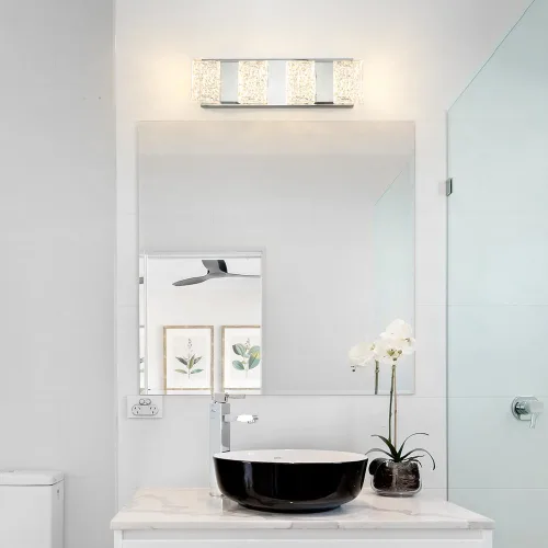 Vista 2 de Lámpara de tocador de baño moderna de cromo de 4 luces, elegantes accesorios de iluminación de baño de LED de cromo sobre espejo, accesorios