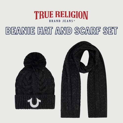 Vista 2 de True Religion Conjunto de gorro y bufanda para mujer, gorro de punto con puños de invierno con pompón de cable lúrex y gorro de bufanda