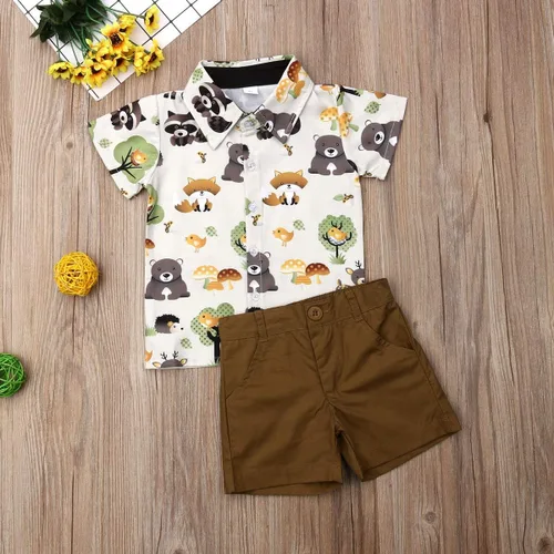 Vista 51 de Conjunto de camisa de manga corta con botones y pantalones cortos casuales con diseño de flamingo, para bebés y niños de 1 a 6 años, atuendos