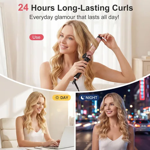 Vista 6 de Varita rizadora para cabello largo y corto, rizador de pelo de cerámica con temperatura ajustable de 14, estilizador de viaje de doble voltaje