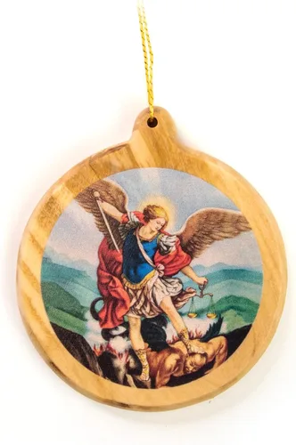 Vista 7 de Adornos de Navidad católicos – Sagrada Familia Bizantina Icono Redondo Adornos de Madera de Olivo de Tierra Santa – Pequeños adornos de Navidad