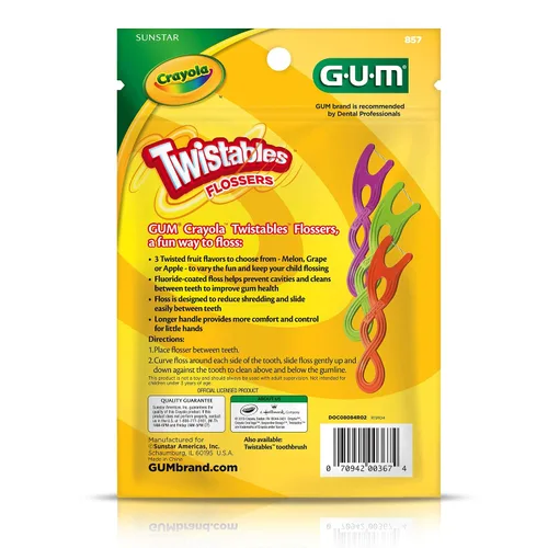Vista 2 de GUM Crayola Twistables - Hilo dental para niños con flúor, diseñado para manos pequeñas, tres divertidos sabores de frutas, palillos de hilo dental