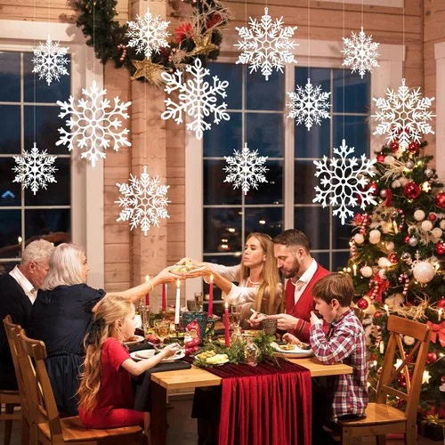 Vista 2 de 24 piezas de copos de nieve colgantes de Navidad grandes para exteriores, copos de nieve grandes blancos en diferentes tamaños para decoración