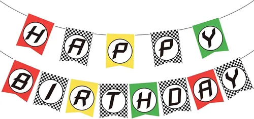 Vista 6 de Cartel de cumpleaños de coche de carreras, pancarta de feliz cumpleaños a cuadros, decoraciones de fiesta de autos de carreras, fiesta temática