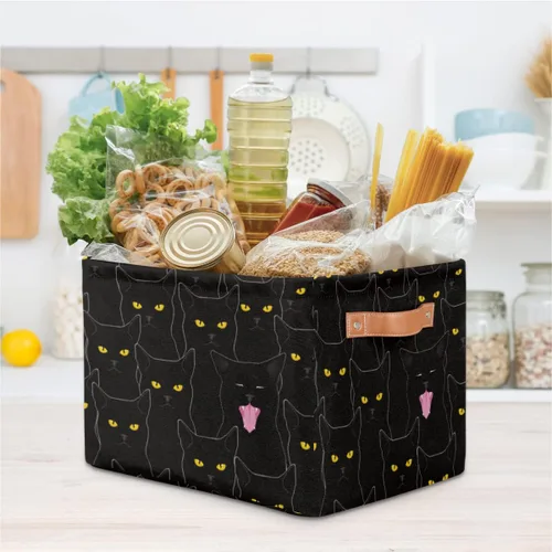 Vista 8 de Cestas de almacenamiento de gatos negros lindas, cestas de tela para lavandería, cajas de almacenamiento de animales de gato, organizador de bolsas