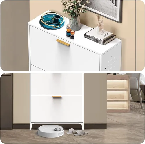 Vista 5 de Armario de zapatos con 3 cajones abatibles, soporte de pared y organizador de zapatos de montaje en piso, gabinete de almacenamiento estrecho